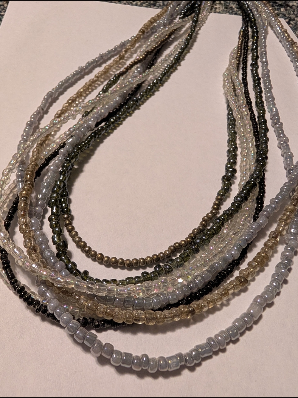 Multi-Strand Glass Bead Necklace in Gray, Olive and Gold